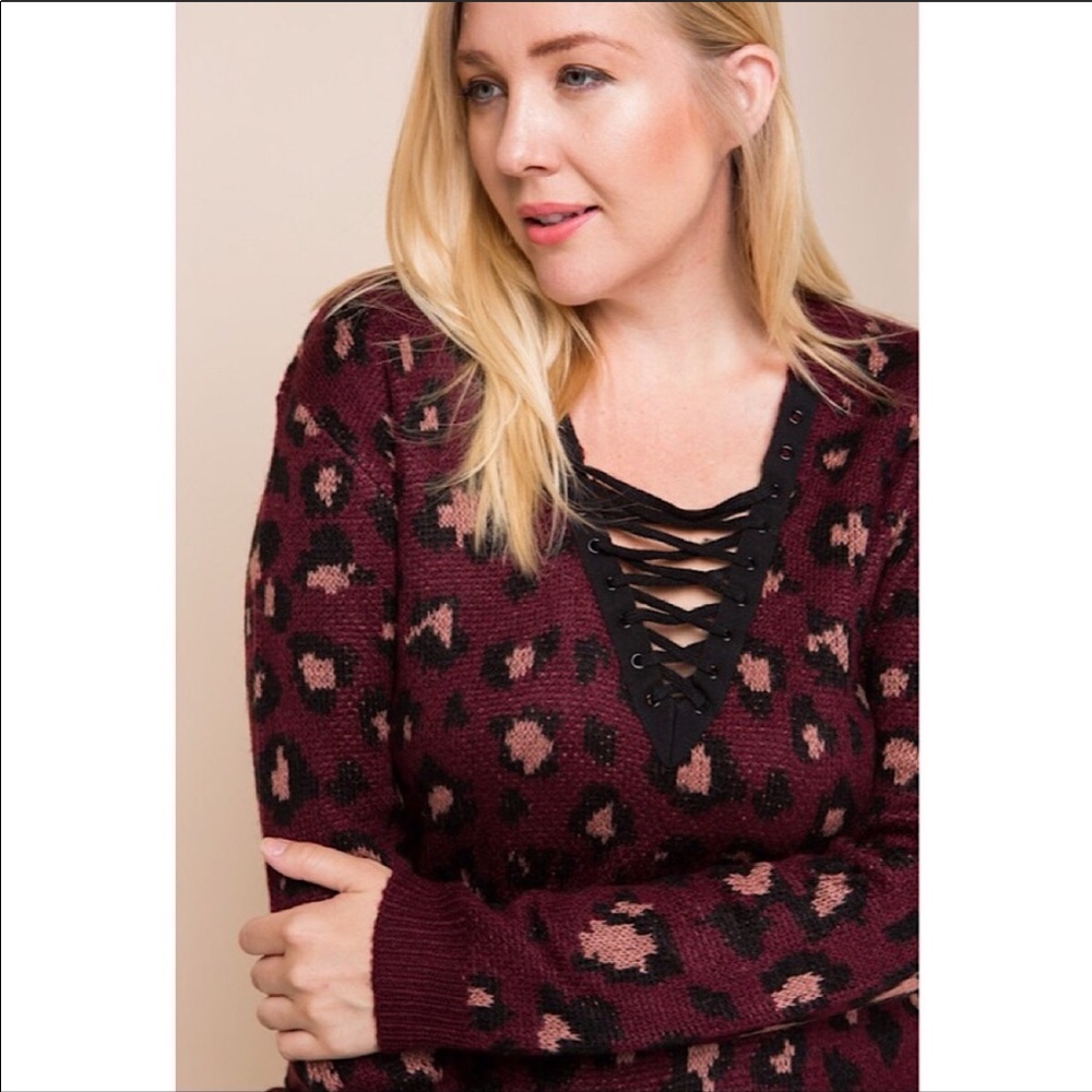 Maroon Leopard Lace Up Sweater Top